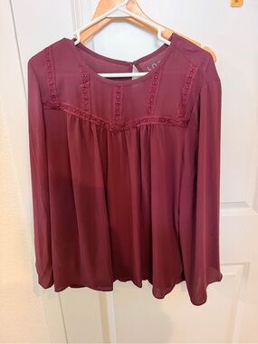 LOFT Plum Long-Sleeve Lace Yoke Blouse